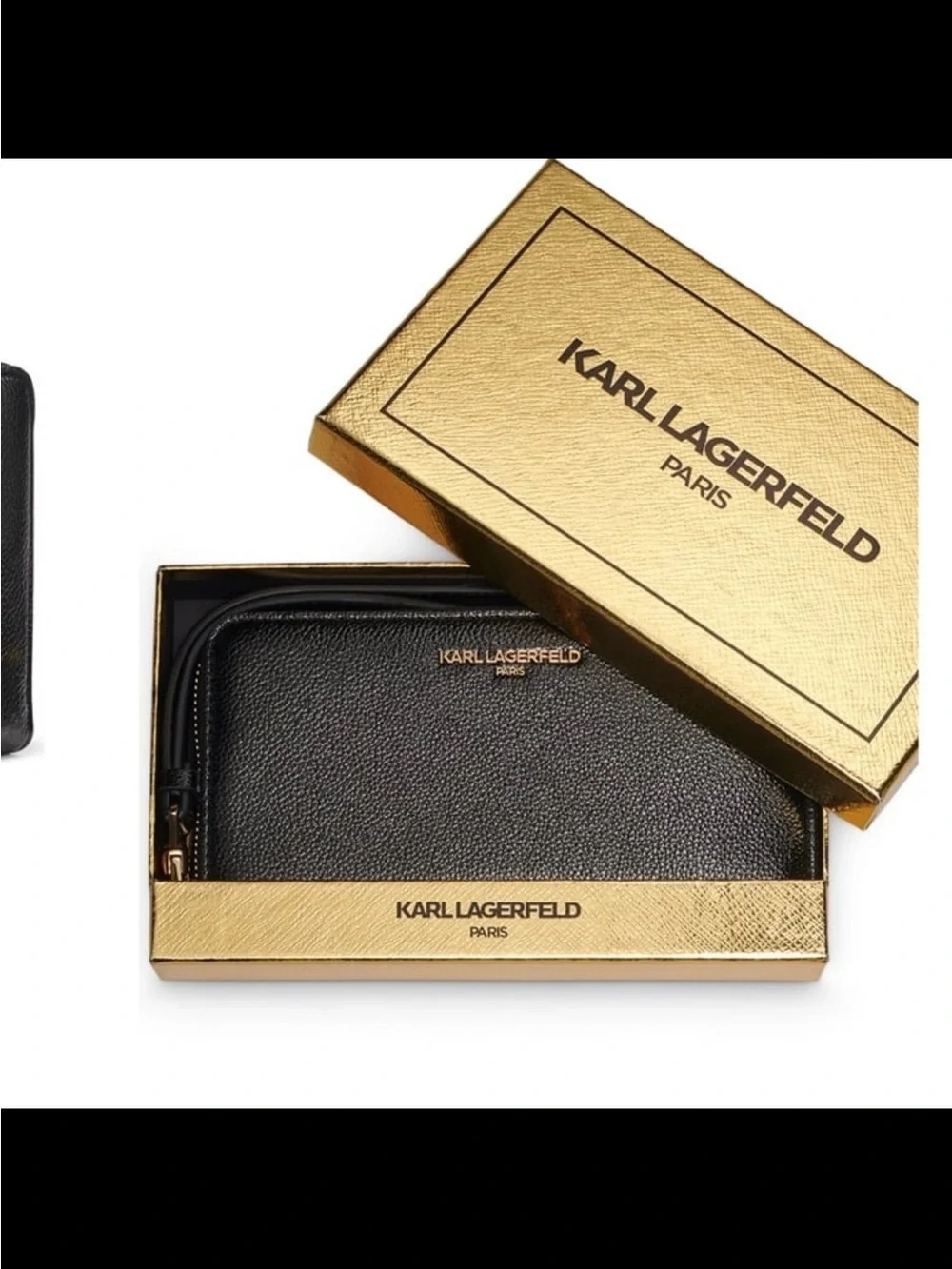 Karl Lagerfeld Black Pebbled Leather Zip Wristlet with Gold Logo
